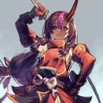  1girl :d arm_up armpits asymmetrical_hair black_hair breasts cozy detached_sleeves from_below gloves gradient gradient_background grey_background hair_between_eyes hair_tie hand_on_hip highres holding holding_sword holding_weapon horn long_hair long_sleeves looking_at_viewer looking_down low-tied_long_hair medium_breasts multicolored_hair open_mouth original pink_hair red_gloves rope shoulder_armor sideboob sidelocks smile solo streaked_hair sword tabard tassel teeth very_long_hair violet_eyes weapon 