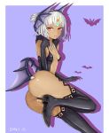  1girl altera_(fate) alternate_costume alternate_hairstyle ass bad_anatomy bare_shoulders bat_wings black_footwear boots border breasts breasts_apart chinese_commentary cleavage commentary_request dark_skin detached_sleeves drop_shadow eyebrows_visible_through_hair fate/extella fate/extra fate/grand_order fate_(series) full_body_tattoo high_heel_boots high_heels highres hokori_sakuni jewelry long_sleeves looking_at_viewer midriff outside_border parted_lips purple_background red_eyes revealing_clothes shiny shiny_skin short_hair simple_background small_breasts smile solo tan tattoo thigh-highs thigh_boots white_border white_hair wings 