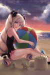  1girl ball beach beachball black_bow blonde_hair bow clouds elise_(fire_emblem_if) fire_emblem fire_emblem_heroes fire_emblem_if from_side hair_bow highres long_hair looking_to_the_side marks_(fire_emblem_if) miya_(pixiv15283026) multicolored_hair nintendo one-piece_swimsuit outdoors parted_lips pink_bow purple_hair ryouma_(fire_emblem_if) sand sand_castle sand_sculpture sitting sky solo star_(sky) swimsuit twintails violet_eyes water wreath 