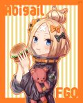  1girl :t abigail_williams_(fate/grand_order) bangs black_bow black_jacket blonde_hair blue_eyes blush bow character_name closed_mouth commentary_request copyright_name crossed_bandaids eating eyebrows_visible_through_hair fate/grand_order fate_(series) food food_on_face hair_bow hair_bun hamburger heroic_spirit_traveling_outfit holding holding_food jacket long_hair long_sleeves object_hug orange_bow parted_bangs polka_dot polka_dot_bow saki_usagi solo striped striped_background stuffed_animal stuffed_toy teddy_bear vertical-striped_background vertical_stripes 