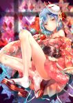  1girl artist_name ass bangs bare_legs bare_shoulders blue_hair blush candy_apple collarbone commentary_request dated eyebrows_visible_through_hair floral_print food fox_mask full_body hair_ribbon highres holding holding_food japanese_clothes kimono knee_up mask mask_on_head no_hat no_headwear obi off_shoulder pointy_ears red_eyes red_footwear red_kimono red_ribbon remilia_scarlet ribbon sakusyo sandals sash shiny shiny_skin short_hair short_kimono signature socks solo thighs touhou white_legwear 