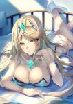 1girl bare_shoulders bed blonde_hair blush breasts cleavage cleavage_cutout gem mythra_(xenoblade) hinot large_breasts long_hair looking_at_viewer nintendo one-piece_swimsuit simple_background smile solo swimsuit tiara xenoblade_(series) xenoblade_2 yellow_eyes 