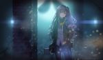  1girl armband bangs black_ribbon black_skirt blurry blurry_background brown_hair city_lights closed_mouth exoskeleton eyebrows_visible_through_hair girls_frontline gloves hair_between_eyes hair_ornament hands_in_pockets head_tilt highres hood hood_down hooded_jacket jacket katee light_particles long_hair looking_at_viewer neck_ribbon night one_side_up open_clothes open_jacket outdoors pantyhose pleated_skirt ribbon scar scar_across_eye scarf shirt sidelocks skirt smile solo ump45_(girls_frontline) untucked_shirt wavy_hair white_shirt yellow_eyes 