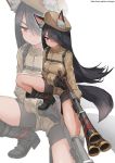  1girl animal_ears antique_firearm backpack bag bike_shorts bike_shorts_under_shorts black_gloves black_hair blunderbuss boots breasts commentary english_commentary firearm full_body gao_(gaolukchup) gloves gun hair_over_one_eye highres holding holding_gun holding_weapon large_breasts long_hair military military_uniform multiple_barrel_gun one_knee original red_eyes shorts solo tail tan trigger_discipline uniform watermark weapon web_address white_background wolf_ears wolf_tail zoom_layer 