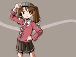 1girl adjusting_headwear adrian_ferrer brown_eyes brown_hair commentary english_commentary hand_on_hip japanese_clothes kantai_collection kariginu magatama pleated_skirt ribbon-trimmed_sleeves ribbon_trim ryuujou_(kantai_collection) skirt smile solo twintails visor_cap 