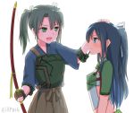  &gt;:) 2girls :d black_hair bloom blue_eyes bow_(weapon) commentary_request gloves green_eyes green_hair hair_ribbon ifpark_(ifpark.com) japanese_clothes kantai_collection katsuragi_(kantai_collection) long_hair multiple_girls muneate open_mouth partly_fingerless_gloves petting ponytail remodel_(kantai_collection) ribbon short_twintails smile twintails v-shaped_eyebrows weapon yugake zuikaku_(kantai_collection) 