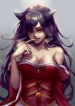  1girl ahri animal_ears bare_shoulders black_hair breasts cleavage collarbone commentary_request detached_sleeves finger_to_mouth fox_ears grey_background highres league_of_legends ling_(vivianling) lips long_hair medium_breasts nail_polish orange_eyes red_nails smile solo upper_body whisker_markings 