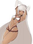  1girl altera_(fate) armpits arms_behind_back beltbra blush bra breasts closed_mouth eyebrows_visible_through_hair fate/extella fate/extra fate_(series) hands_up highres hometa jewelry looking_at_viewer multi-strapped_panties navel necklace red_eyes simple_background small_breasts solo standing stomach underwear veil white_background white_bra white_hair 