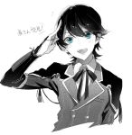  1boy :d blue_eyes bracer collared_shirt commentary_request copyright_request greyscale hand_up jacket looking_at_viewer monochrome neck_ribbon open_mouth rella ribbon salute shirt simple_background smile solo spot_color upper_body white_background wing_collar 