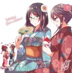  2018 4girls :d ahoge alternate_costume black_hair blue_eyes blue_kimono breasts brown_hair closed_eyes dated fan flower food geta glasses green-framed_eyewear hair_flower hair_ornament hairclip haruna_(kantai_collection) heart hiei_(kantai_collection) holding holding_fan holding_food japanese_clothes kantai_collection kimono kirishima_(kantai_collection) kongou_(kantai_collection) large_breasts looking_at_another multiple_girls nanoha-h open_mouth red_eyes red_kimono shaved_ice short_hair simple_background smile spiky_hair tied_hair twitter_username white_background yukata 