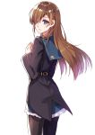  1girl bangs black_jacket black_legwear blue_eyes blue_skirt brown_hair eyepatch fate/grand_order fate_(series) gejigejier hair_over_one_eye hand_up jacket long_hair looking_at_viewer looking_back ophelia_phamrsolone pantyhose simple_background skirt solo standing very_long_hair white_background 