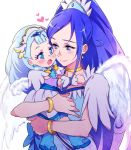  2girls angel_wings blue_eyes blue_hair blush bracelet carrying child choker closed_mouth dokidoki!_precure earrings eye_contact hishikawa_rikka hugtto!_precure jewelry long_hair looking_at_another magical_girl multiple_girls negom open_mouth ponytail precure simple_background smile tiara white_background wings yakushiji_saaya younger 