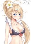  1girl alternate_costume alternate_hairstyle bangs bare_shoulders beach bikini black_bikini blonde_hair blue_eyes blush braid breasts cleavage closed_mouth collarbone crown_braid dated elbow_rest eyebrows_visible_through_hair eyes_visible_through_hair flower french_braid g36_(girls_frontline) girls_frontline hair_between_eyes hair_flower hair_ornament jewelry long_hair looking_at_viewer maid_bikini medium_breasts necklace ocean ponytail sand sidelocks signature simple_background solo swimsuit table twitter_username unel upper_body very_long_hair white_background 