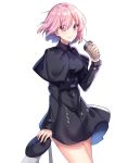  1girl arm_support bangs bendy_straw black_capelet black_coat blush capelet closed_mouth cup disposable_cup drinking_glass drinking_straw eyebrows_visible_through_hair eyes_visible_through_hair fate/grand_order fate_(series) fingernails gejigejier hair_over_one_eye holding holding_cup long_sleeves mash_kyrielight pink_hair short_hair simple_background smile solo standing violet_eyes white_background 