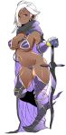  1girl armor asymmetrical_hair bikini_armor black_cloak breasts cleavage cloak closed_mouth dark_skin earrings esouko final_fantasy final_fantasy_iv final_fantasy_iv_the_after full_body gauntlets genderswap genderswap_(mtf) golbeza greaves groin highres jewelry large_breasts leg_up long_hair looking_at_viewer navel planted_sword planted_weapon purple_armor simple_background solo standing standing_on_one_leg sword under_boob violet_eyes weapon white_background white_hair 