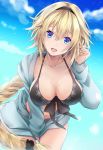  1girl akatsuki_hijiri bangs bikini black_bikini blonde_hair blue_eyes braid breasts cleavage clouds cloudy_sky collarbone commentary_request eyebrows_visible_through_hair fate/grand_order fate_(series) front-tie_bikini front-tie_top hair_between_eyes hairband jacket jeanne_d&#039;arc_(fate)_(all) jeanne_d&#039;arc_(swimsuit_archer) large_breasts leaning_forward long_hair looking_at_viewer navel open_clothes open_jacket open_mouth sidelocks sky smile solo swimsuit very_long_hair 