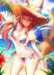  1girl animal_ear_fluff animal_ears bikini bikini_under_clothes blue_bikini breasts cleavage collarbone day ears_through_headwear fate/grand_order fate_(series) fox_ears fox_tail hat highres innertube large_breasts looking_at_viewer ocean outdoors palm_tree pink_hair rothy shirt side-tie_bikini solo straw_hat swimsuit tail tamamo_(fate)_(all) tamamo_no_mae_(swimsuit_lancer)_(fate) tree wet wet_clothes wet_shirt wet_t-shirt yellow_eyes 