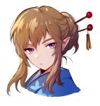  1boy blue_kimono closed_mouth earrings hair_ornament hairpin highres japanese_clothes jewelry kimono light_brown_hair link looking_at_viewer male_focus maruchi nintendo simple_background solo the_legend_of_zelda violet_eyes white_background 