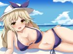  1girl beach bikini blonde_hair blue_sky breasts cleavage clouds collarbone cowboy_shot day guard_bento_atsushi hat highres large_breasts long_hair looking_at_viewer lying navel on_side open_mouth outdoors purple_bikini side-tie_bikini sky smile solo sun_hat swimsuit thigh_gap touhou watatsuki_no_toyohime white_hat yellow_eyes 