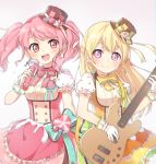  2girls :d bang_dream! bangs bass_guitar bd_ayknn blonde_hair blue_bow blush bow bowtie dress earrings eyebrows_visible_through_hair food frilled_gloves frilled_sleeves frills gloves half_updo hat hat_ornament hat_ribbon holding holding_instrument holding_microphone instrument jewelry long_hair looking_at_viewer macaron maruyama_aya microphone multiple_girls open_mouth pink_eyes pink_hair pink_neckwear ribbon ribbon-trimmed_gloves ribbon_trim shirasagi_chisato short_sleeves smile striped_hat sweatdrop twintails upper_teeth violet_eyes white_gloves yellow_neckwear 