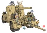  6+girls 88_flak afrika_korps animal_ears ankle_boots black_eyes black_gloves black_hair blonde_hair blue_eyes boots brown_eyes cannon closed_eyes common_raccoon_(kemono_friends) fennec_(kemono_friends) gloves hand_on_own_stomach helmet iron_cross jaguar_(kemono_friends) kaban_(kemono_friends) kemono_friends looking_at_another lucky_beast_(kemono_friends) m.wolverine medal military military_uniform millipen_(medium) multiple_girls serval_(kemono_friends) shorts signature simple_background sitting sleeves_rolled_up small-clawed_otter_(kemono_friends) soldier traditional_media uniform white_background world_war_ii 