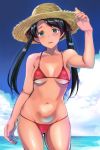  1girl ass_visible_through_thighs beach bikini black_hair blue_sky breasts clouds commentary_request green_eyes hat horizon kantai_collection kyougoku_shin long_hair looking_at_viewer lowleg lowleg_bikini mikuma_(kantai_collection) red_bikini sky small_breasts solo straw_hat sun_hat swimsuit twintails 