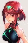  1girl bangs bare_shoulders collarbone earrings hankuri pyra_(xenoblade) jewelry nintendo red_eyes redhead short_hair smile solo swept_bangs swimsuit tiara xenoblade_(series) xenoblade_2 