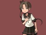 1girl adrian_ferrer ayanami_(kantai_collection) brown_background brown_eyes brown_hair hair_ribbon hand_on_own_chest kantai_collection pleated_skirt ribbon school_uniform serafuku side_ponytail skirt smile solo 