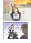  2girls armband brown_hair building city comic commentary_request cyborg half_updo long_hair low_twintails marker multiple_girls original translation_request twintails 