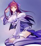  1girl bangs bare_shoulders boots breasts dress fate/grand_order fate_(series) fur_trim gradient gradient_background hair_between_eyes hand_in_hair kneeling long_hair looking_at_viewer ponytail purple_dress purple_hair red_eyes scathach_(fate)_(all) scathach_skadi_(fate/grand_order) shukra solo thigh-highs thigh_boots tiara 
