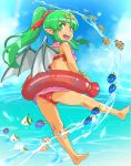  1girl :d bangs bare_legs bare_shoulders barefoot blue_sky bracelet chiki clouds clownfish day dragon_wings eyebrows_visible_through_hair fire_emblem fire_emblem:_mystery_of_the_emblem fire_emblem_heroes fish full_body green_eyes green_hair hair_between_eyes highres jewelry mamkute nintendo open_mouth outdoors pointy_ears ponytail round_teeth sidelocks sky smile solo swimsuit teeth tiara water white_wings wings yukichiko 