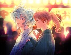  2boys ^_^ candy_apple closed_eyes closed_eyes fate/grand_order fate_(series) festival food fou_(fate/grand_order) japanese_clothes kimono long_sleeves male_focus mask mask_on_head merlin_(fate) mouth_hold multiple_boys nighttime onigiri_(hfyt2533) orange_hair romani_archaman violet_eyes white_hair yukata 