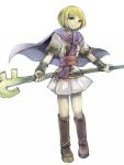  1girl bangs blonde_hair blunt_bangs bob_cut boots bracer brown_footwear cape full_body golden_sun green_eyes higeka holding holding_staff looking_at_viewer purple_cape sash shiba_(golden_sun) short_sleeves simple_background solo staff standing white_background 