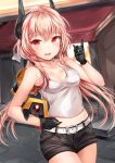  1girl :d absurdres alternate_costume armpits bangs bare_shoulders belt black_gloves black_shorts blurry blurry_background blush breasts buckle cleavage collarbone commentary cowboy_shot day eyebrows_visible_through_hair fang girls_frontline gloves hair_between_eyes headgear highres holding index_finger_raised long_hair looking_at_viewer m4_sopmod_ii_(girls_frontline) medium_breasts megaphone midriff mod3_(girls_frontline) multicolored_hair open_mouth outdoors painteen pink_hair red_eyes redhead ro635_(dinergate) shorts sidelocks smile solo streaked_hair tank_top thighs white_tank_top 