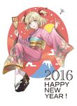  1girl 2016 :d absurdres blonde_hair commentary_request english floral_print from_side full_body green_eyes hagoita hair_ribbon hands_up hanetsuki happy_new_year highres holding japanese_clothes kimono long_sleeves looking_at_viewer looking_to_the_side maruchi new_year obi open_mouth original paddle pink_kimono red_ribbon ribbon sandals sash smile solo tabi two_side_up white_legwear wide_sleeves 