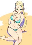 1girl absurdres aqua_eyes bare_arms bare_shoulders bikini blonde_hair blue_bikini braid breasts cleavage closed_mouth collarbone crown_braid front-tie_bikini front-tie_top furrowed_eyebrows hair_ornament hairclip hand_on_own_chest highres large_breasts long_hair looking_at_viewer navel nintendo pointy_ears princess_zelda shiny shiny_skin side-tie_bikini sitting smile solo straight_hair swimsuit the_legend_of_zelda the_legend_of_zelda:_breath_of_the_wild thick_eyebrows yukichiko 