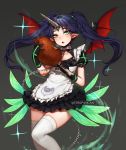  1girl apron beelzebub_(the_seven_deadly_sins) black_dress black_gloves blue_hair blush boned_meat chains commentary dress eating english_commentary fang feathers floating_hair food gloves green_eyes grey_background holding holding_food horn long_hair meat parted_lips puffy_short_sleeves puffy_sleeves seven_deadly_sins short_sleeves skindentation slit_pupils solo standing teru_(renkyu) the_seven_deadly_sins thigh-highs twintails twitter_username waist_apron white_apron white_legwear 