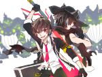  2boys animal_ears back-to-back chung_seiker demon elsword elsword_(character) hat holding holding_weapon hua_ge_pi multiple_boys necktie red_eyes runes scarf smile sword weapon 