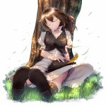  1girl bag brown_hair closed_eyes dress hat highres jewelry long_hair necklace octopath_traveler short_hair simple_background sleeping smile tree tressa_(octopath_traveler) yuuki1103 