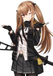  1girl armband bangs black_bow black_gloves black_jacket black_skirt blush bow brown_eyes brown_hair closed_mouth collared_shirt commentary_request dress_shirt eyebrows_visible_through_hair fingerless_gloves girls_frontline gloves gun h&amp;k_ump9 hair_between_eyes hair_bow hair_ornament hairclip hands_up head_tilt highres jacket light_smile long_hair object_namesake one_eye_closed open_clothes open_jacket pleated_skirt rabochicken shirt simple_background skirt solo twintails ump9_(girls_frontline) very_long_hair weapon white_background white_shirt 