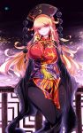  1girl absurdres bangs black_dress breasts chinese_clothes crescent curvy dress hat highres junko_(touhou) large_breasts long_hair long_sleeves looking_at_viewer orange_hair pointy_ears raptor7 red_eyes solo tabard touhou very_long_hair wide_sleeves 
