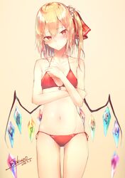  1girl artist_name bangs bare_arms bare_shoulders beige_background bikini blonde_hair blush collarbone commentary_request cowboy_shot crystal dated eyebrows_visible_through_hair flandre_scarlet flat_chest front-tie_bikini front-tie_top hair_between_eyes hair_ornament hair_ribbon hair_scrunchie halterneck hand_up head_tilt highres navel no_hat no_headwear one_side_up pointy_ears red_bikini red_eyes red_ribbon ribbon sakusyo scrunchie side-tie_bikini signature simple_background solo standing stomach swimsuit thighs touhou white_scrunchie wings 