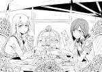  2girls absurdres animal_print cellphone chicke_iii drinking_straw eyebrows_visible_through_hair flower food fork glass greyscale headphones headphones_around_neck highres holding holding_food holding_fork holding_phone hood hood_down hoodie horns huge_filesize ichigo_(darling_in_the_franxx) long_hair long_sleeves looking_at_viewer monochrome multiple_girls open_mouth phone short_hair short_sleeves sitting smartphone spoon window zero_two_(darling_in_the_franxx) 