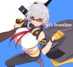  1girl bangs black_pants blue_background breasts collared_shirt commentary copyright_name crop_top food girls_frontline gloves grey_hair gun headphones headphones_around_neck holding holding_gun holding_weapon jacket juz large_breasts lips looking_at_viewer midriff necktie off_shoulder pants pocky red_eyes red_neckwear shirt short_hair simple_background sleeveless sleeves_folded_up smirk solo strawberry_pocky sunglasses thompson_submachine_gun_(girls_frontline) weapon yellow_gloves 