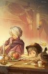  1boy 1girl bar brown_hair cape commentary_request dress gloves green_eyes hair_over_one_eye hat highres jewelry octopath_traveler one_eye_closed open_mouth scarf short_hair simple_background smile therion_(octopath_traveler) torabuzi tressa_(octopath_traveler) white_hair 
