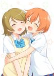  2girls :3 :d ^_^ blue_neckwear blush bow bowtie brown_hair cheek-to-cheek closed_eyes closed_eyes collared_shirt eyebrows_visible_through_hair hoshizora_rin hug koizumi_hanayo love_live! love_live!_school_idol_project multiple_girls open_mouth orange_hair otonokizaka_school_uniform school_uniform shibasaki_shouji shirt short_hair short_sleeves smile striped_neckwear sweater_vest upper_body white_shirt 