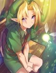  1boy belt bench blonde_hair eyes_visible_through_hair forest green_hat green_shirt hat highres link looking_at_viewer male_focus maruchi nature navi nintendo parted_lips shirt short_sleeves sitting solo the_legend_of_zelda violet_eyes 