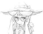  1girl adjusting_eyewear bow closed_mouth commentary_request fingernails glasses greyscale hands_up hat hat_bow horned_girl_(jaco) jaco looking_at_viewer monochrome original ribbon simple_background slit_pupils smile solo upper_body white_background 