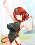  1girl arm_up black_swimsuit blush breasts clenched_hand closed_mouth commentary_request covered_navel covered_nipples earrings eyebrows_visible_through_hair highres pyra_(xenoblade) jewelry large_breasts looking_at_viewer nintendo one-piece_swimsuit one_eye_closed outdoors red_eyes redhead short_hair smile solo swimsuit tiara xenoblade_(series) xenoblade_2 zaxwu 