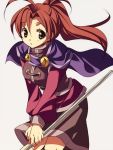  1girl :o ahoge brown_eyes brown_skirt cape eyebrows_visible_through_hair golden_sun hair_between_eyes hair_intakes higeka holding holding_staff jasmine_(golden_sun) long_hair long_sleeves ponytail puffy_long_sleeves puffy_sleeves purple_cape redhead simple_background skirt solo staff v_arms white_background 